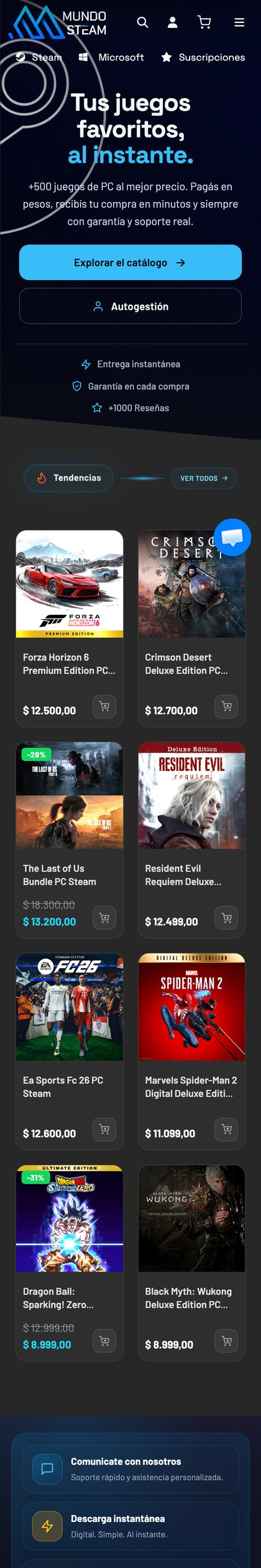 Vista mobile de la tienda de Mundo Steam, diseñada por Point Web
