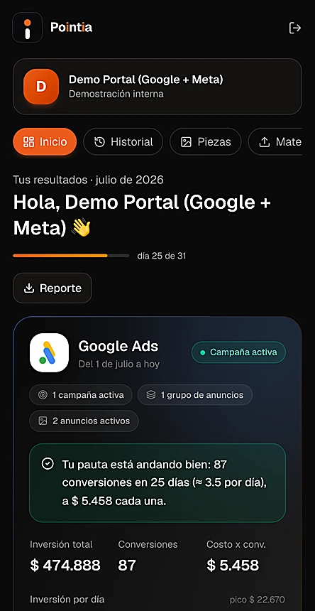 Pointia en el celular — cuenta demo