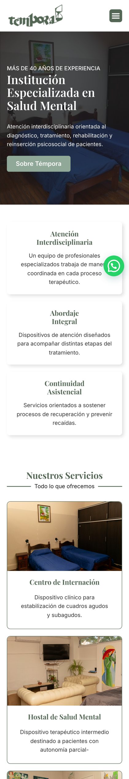 Vista mobile del sitio de Témpora, diseñado por Point Web
