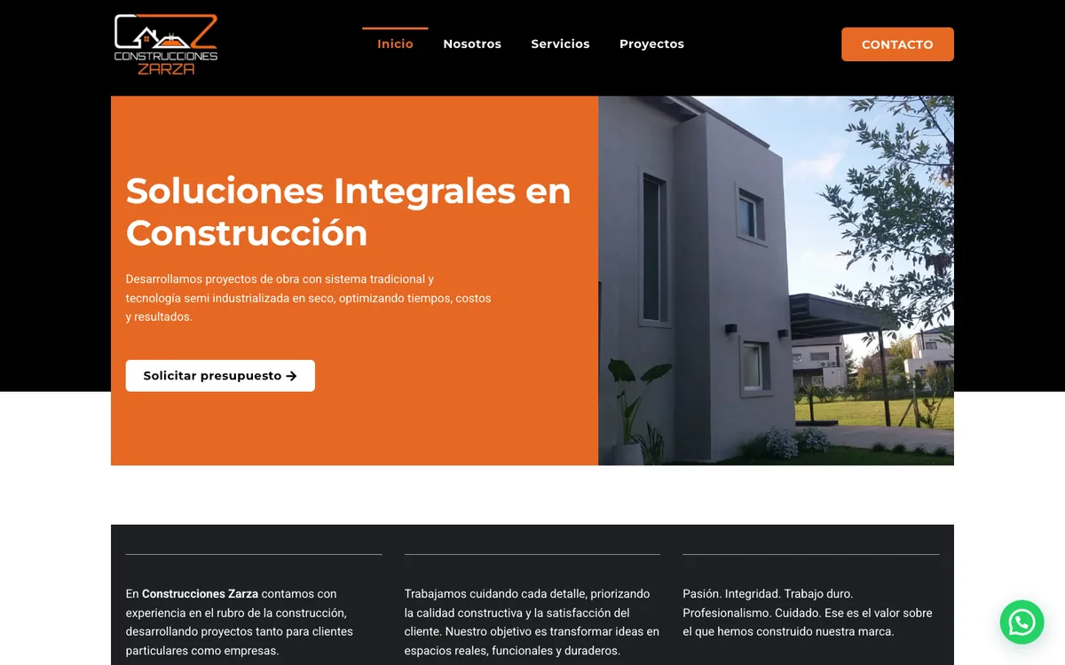 Sitio web de Construcciones Zarza en escritorio — diseño de Point Web