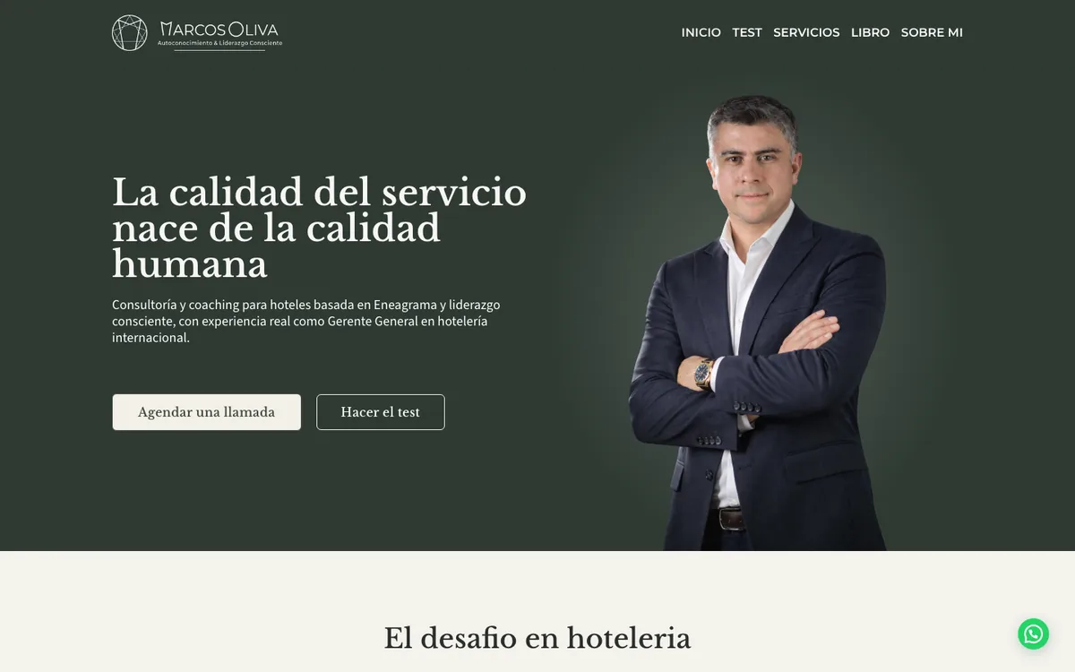 Sitio web de Marcos Oliva — Autoconocimiento & Liderazgo Consciente en escritorio — diseño de Point Web