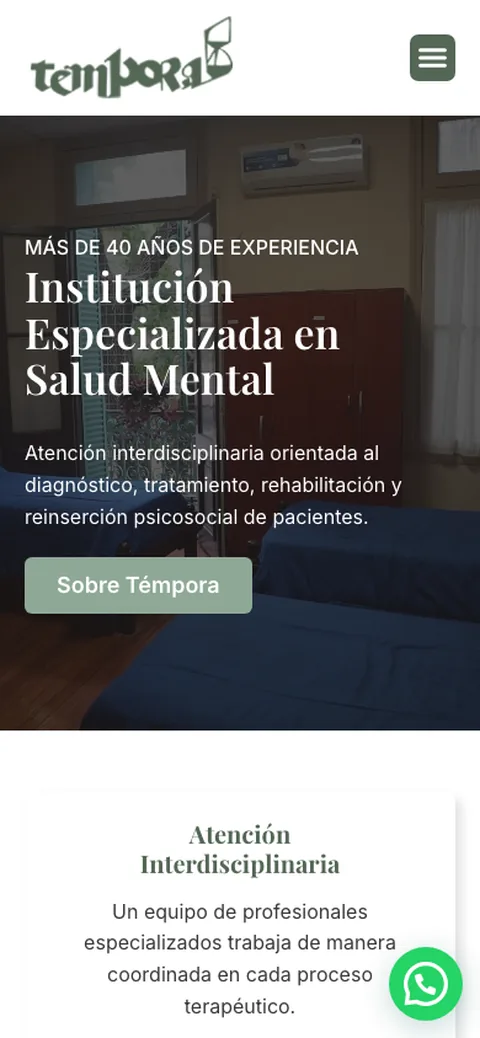 Sitio web de Témpora — Institución Especializada en Salud Mental en celular — diseño responsive de Point Web